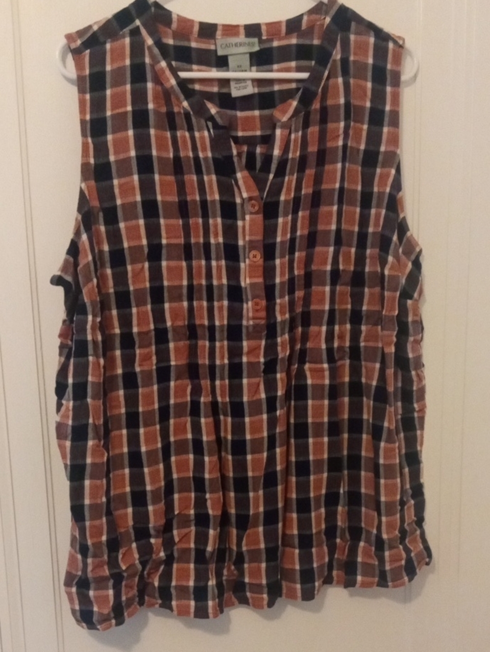 Catherines Red Navy White Plaid Sleeveless Henley Top 3x